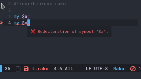 Emacs - flycheck-raku - symbol redclaration